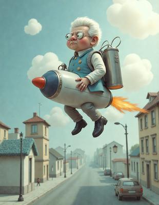 The primary subject of the image is a small cartoon character, possibly a midget, who is riding a rocket-shaped spacecraft. The character is wearing a blue vest and glasses, and the rocket appears to be a toy or a prop. The setting is a street with houses in the background, and the visual style is a combination of digital art and illustration. The colors are predominantly blue and white, giving the scene a playful and whimsical atmosphere.